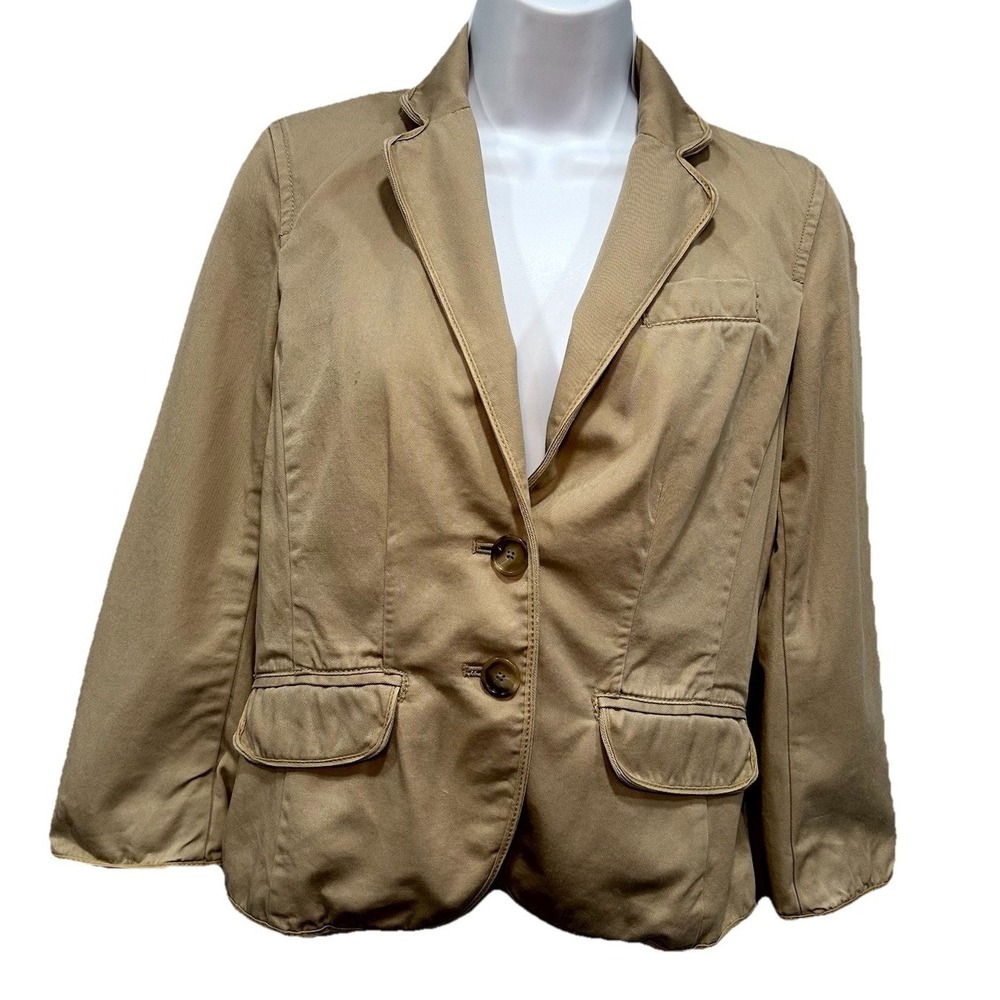 J.Crew Blazer Women's Size 6 Khaki 3/4 Sleeves Linen Blend 2 Button Faux Pockts